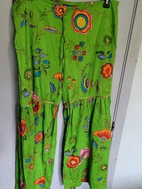 Rene Derhy Bright Green Floral Wide-Leg Women's Pants Sz Medium